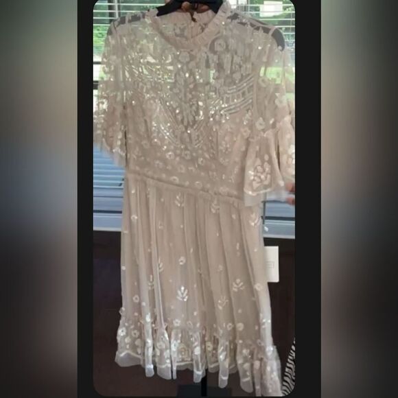 $698 NEW MAC DUGGAL CREAM NUDE LACE ILLUSION HIGH NECK MINI DRESS 8 NWT - Picture 3 of 6